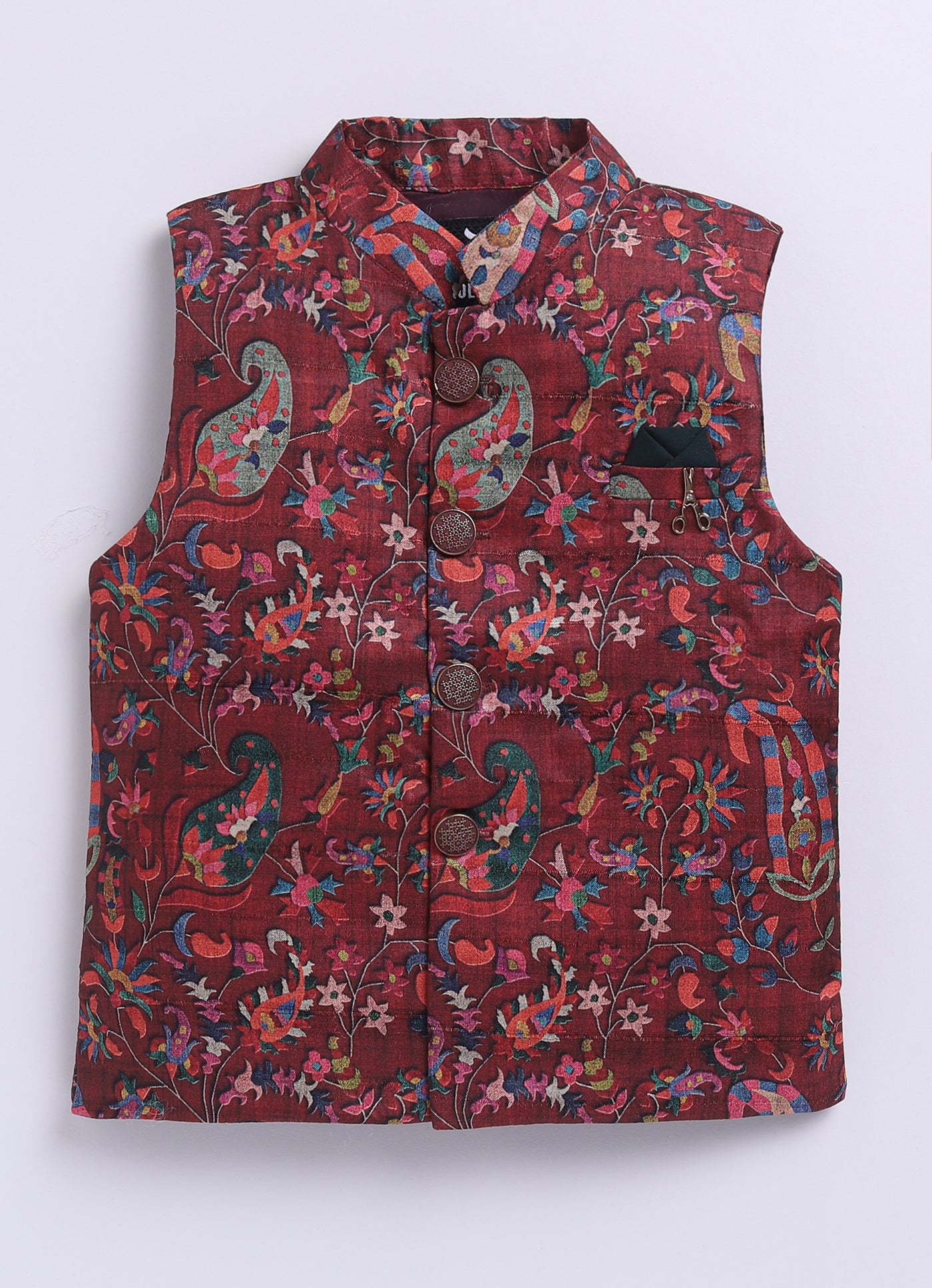 Silk Blended Woven Full Sleeves Floral Printed Nehru Jacket and Solid Kurta Pajama Ethnic Set- Maroon
