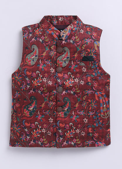 Silk Blended Woven Full Sleeves Floral Printed Nehru Jacket and Solid Kurta Pajama Ethnic Set- Maroon