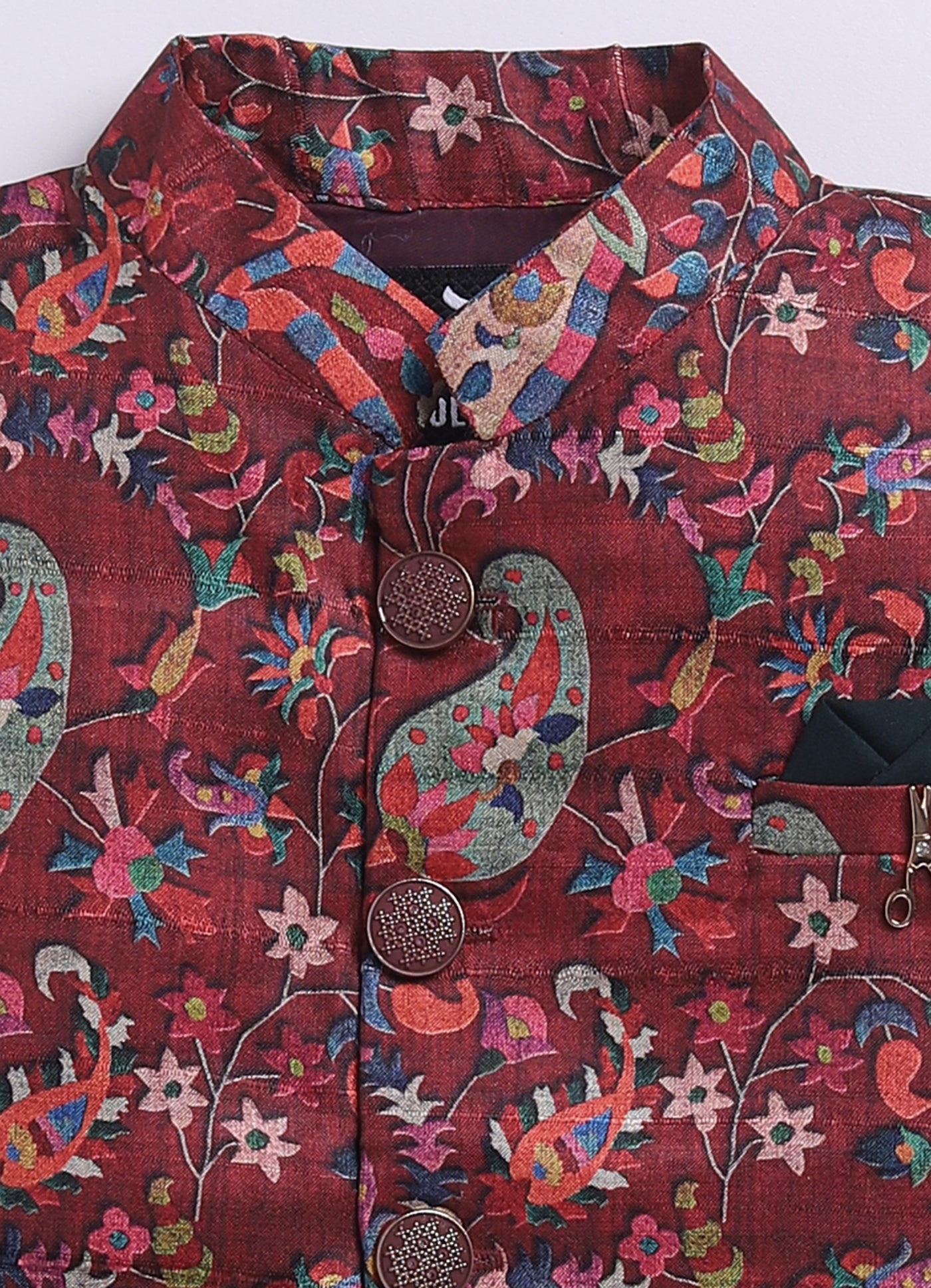 Silk Blended Woven Full Sleeves Floral Printed Nehru Jacket and Solid Kurta Pajama Ethnic Set- Maroon
