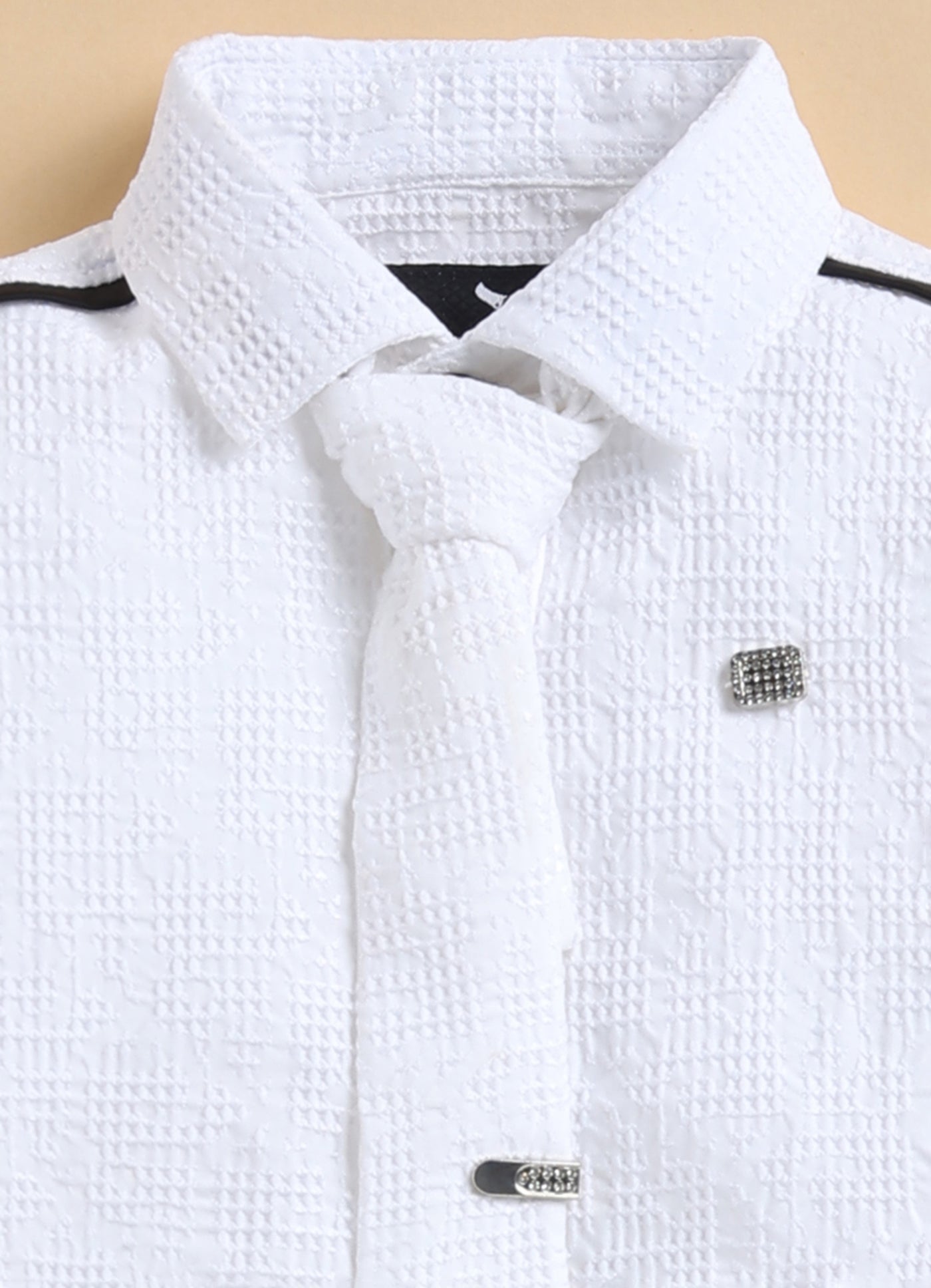 Poly Nylon Woven Full Sleeves Jacqaurd Shirt Pant with Tie and Tie Pin Set- White