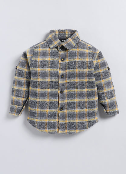 Cotton Denim Woven Full sleeved Washed Jacket with Brushed Checkered Shirt Tshirt and Trousers - Mustard