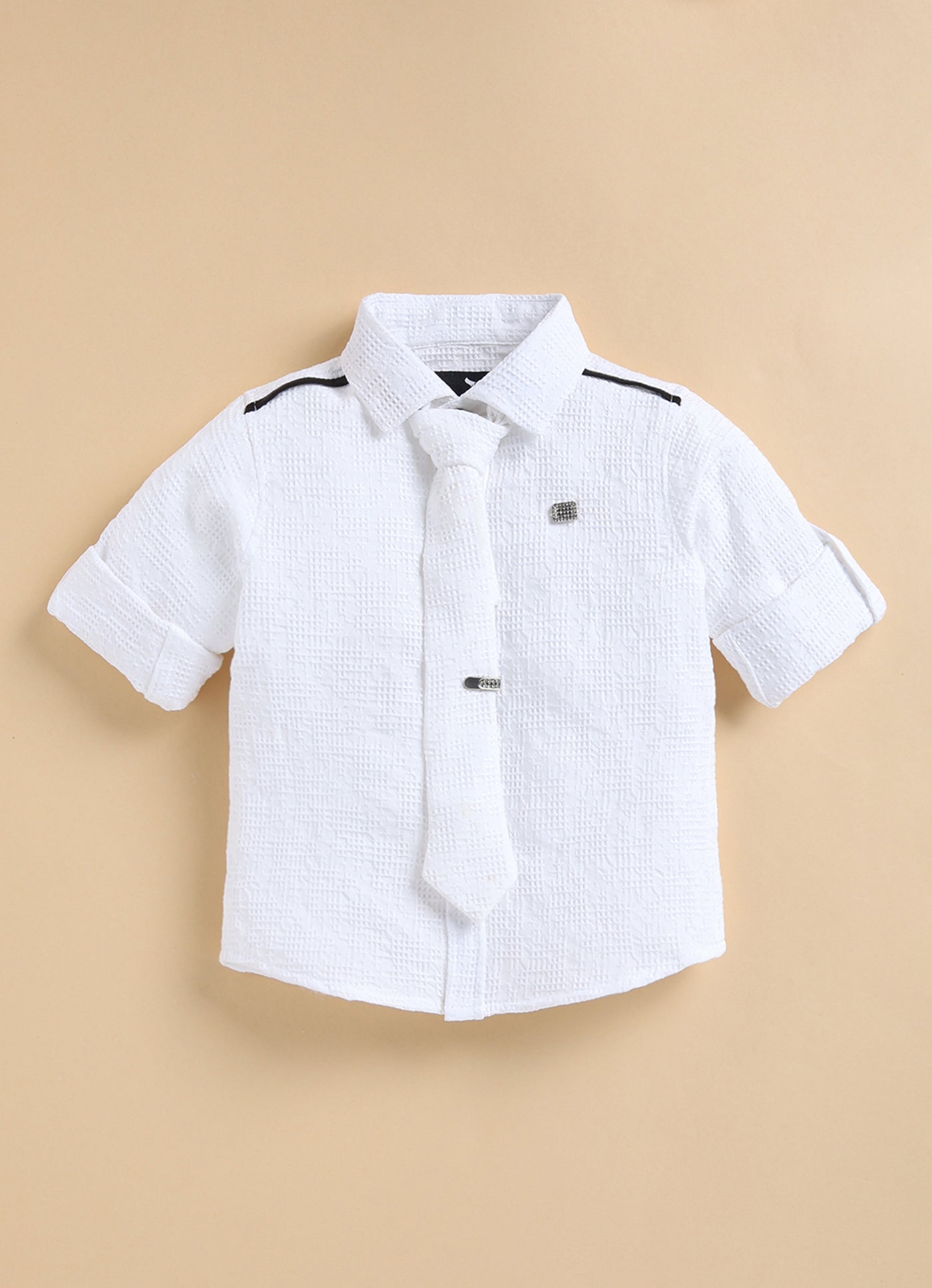 Poly Nylon Woven Full Sleeves Jacqaurd Shirt Pant with Tie and Tie Pin Set- White