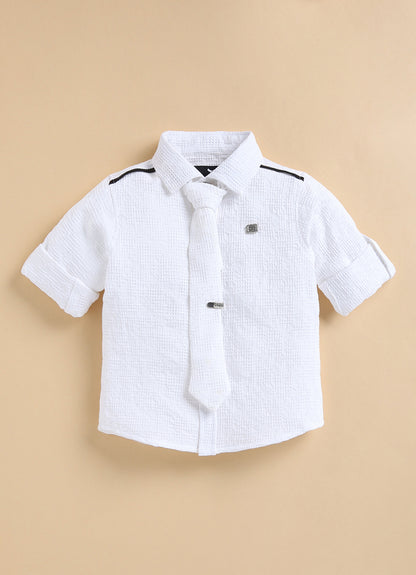 Poly Nylon Woven Full Sleeves Jacqaurd Shirt Pant with Tie and Tie Pin Set- White