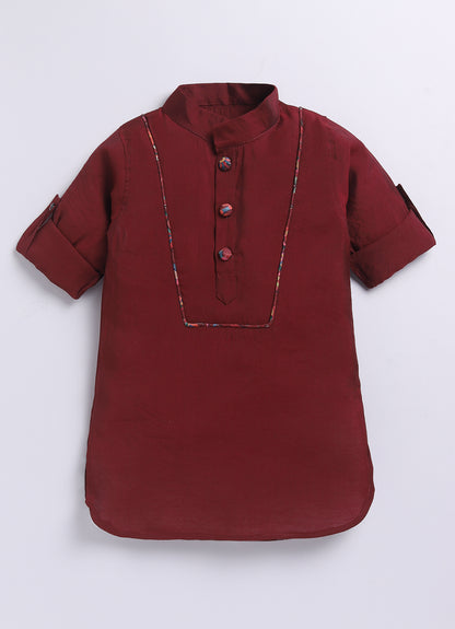 Silk Blended Woven Full Sleeves Floral Printed Nehru Jacket and Solid Kurta Pajama Ethnic Set- Maroon