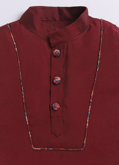Silk Blended Woven Full Sleeves Floral Printed Nehru Jacket and Solid Kurta Pajama Ethnic Set- Maroon