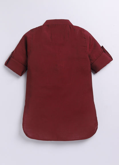 Silk Blended Woven Full Sleeves Floral Printed Nehru Jacket and Solid Kurta Pajama Ethnic Set- Maroon