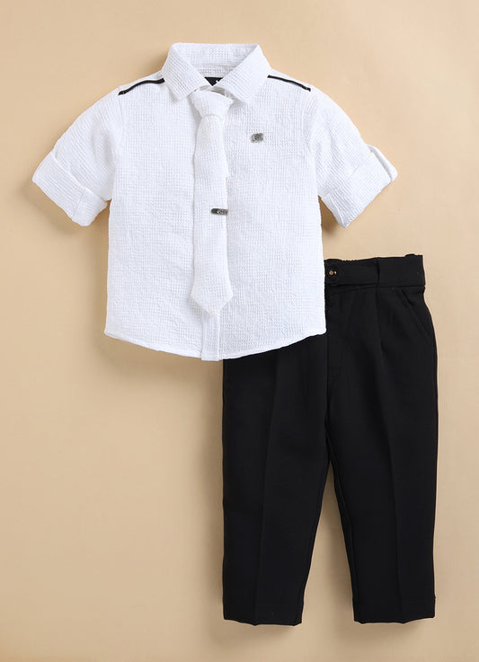 Poly Nylon Woven Full Sleeves Jacqaurd Shirt Pant with Tie and Tie Pin Set- White