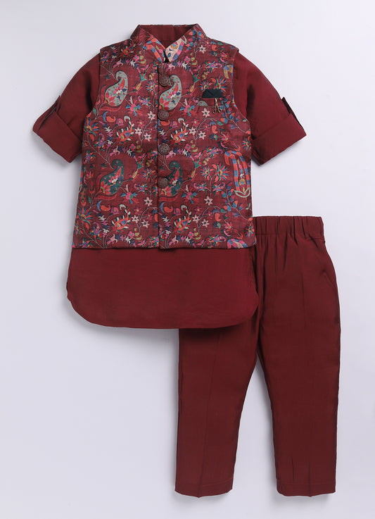 Silk Blended Woven Full Sleeves Floral Printed Nehru Jacket and Solid Kurta Pajama Ethnic Set- Maroon