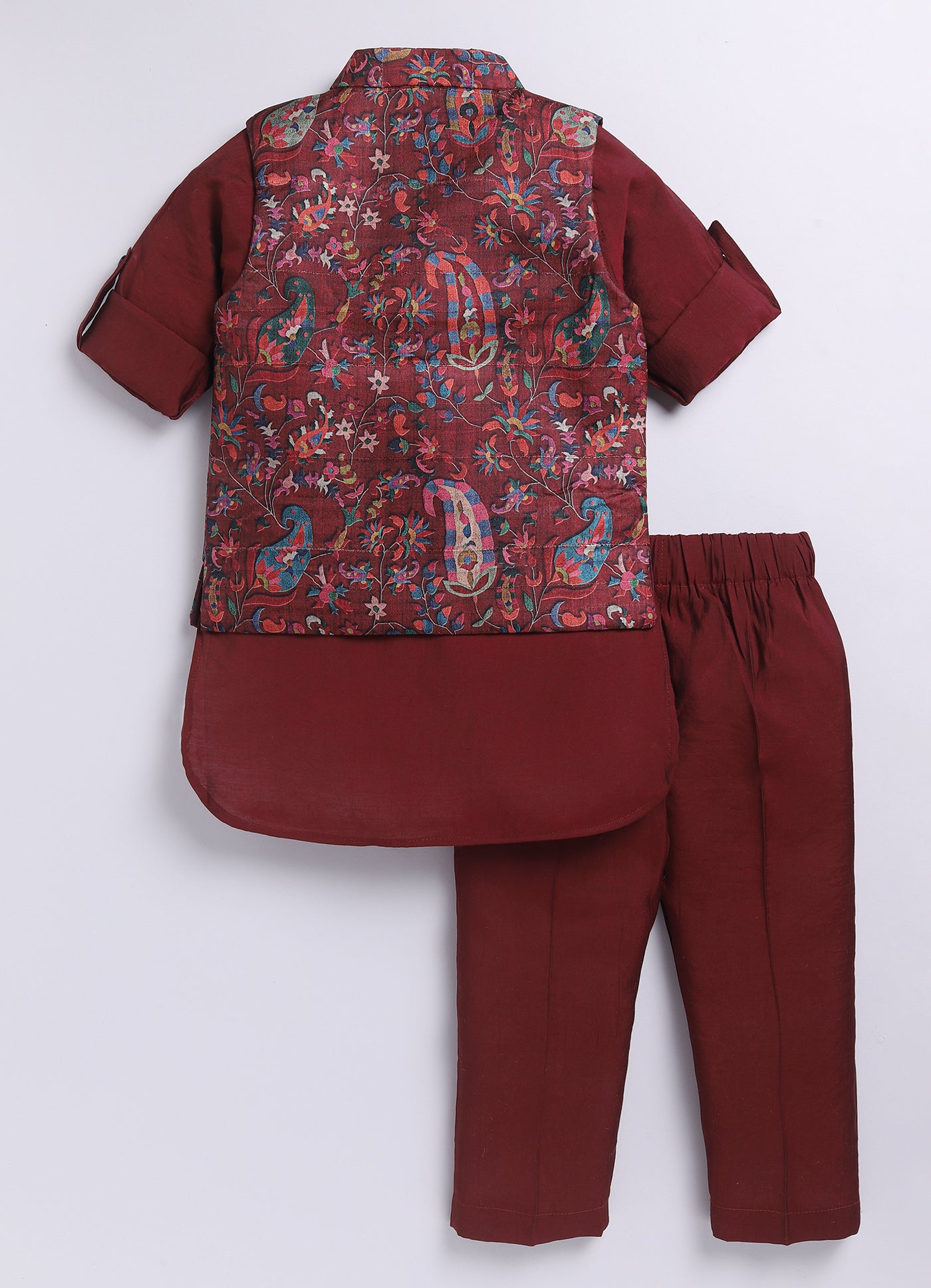 Silk Blended Woven Full Sleeves Floral Printed Nehru Jacket and Solid Kurta Pajama Ethnic Set- Maroon
