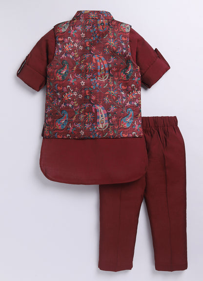 Silk Blended Woven Full Sleeves Floral Printed Nehru Jacket and Solid Kurta Pajama Ethnic Set- Maroon