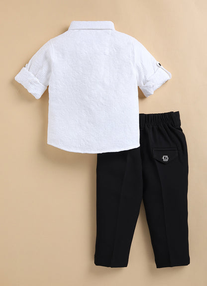 Poly Nylon Woven Full Sleeves Jacqaurd Shirt Pant with Tie and Tie Pin Set- White