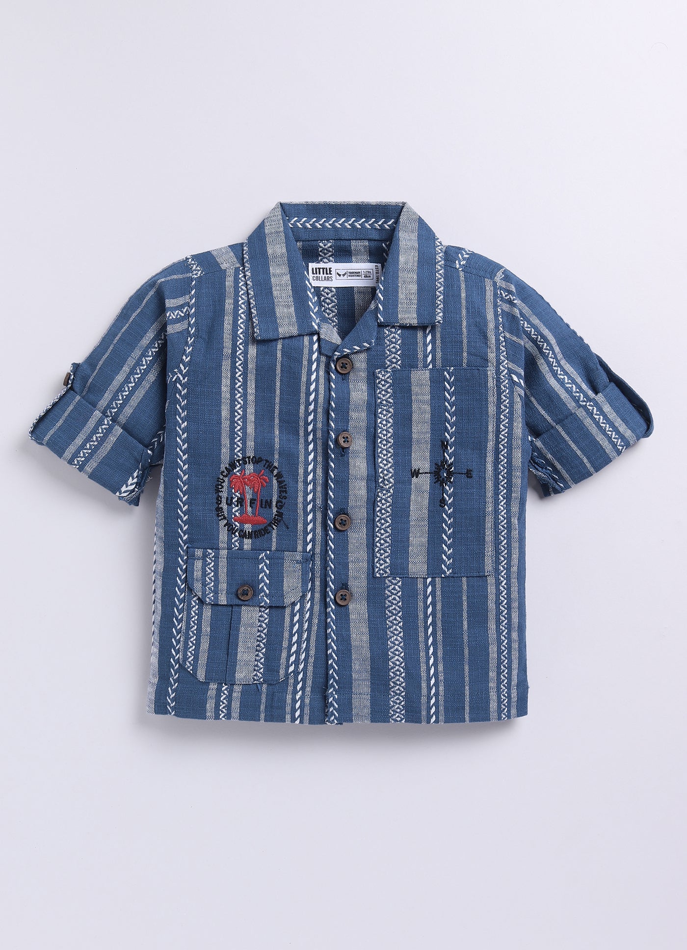 Cotton Woven Full Sleeves Stripes Shacket with Embroidery Printed T-shirt and Pants Casual Set-Blue