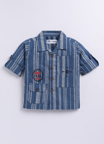 Cotton Woven Full Sleeves Stripes Shacket with Embroidery Printed T-shirt and Pants Casual Set-Blue