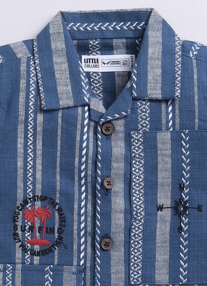 Cotton Woven Full Sleeves Stripes Shacket with Embroidery Printed T-shirt and Pants Casual Set-Blue