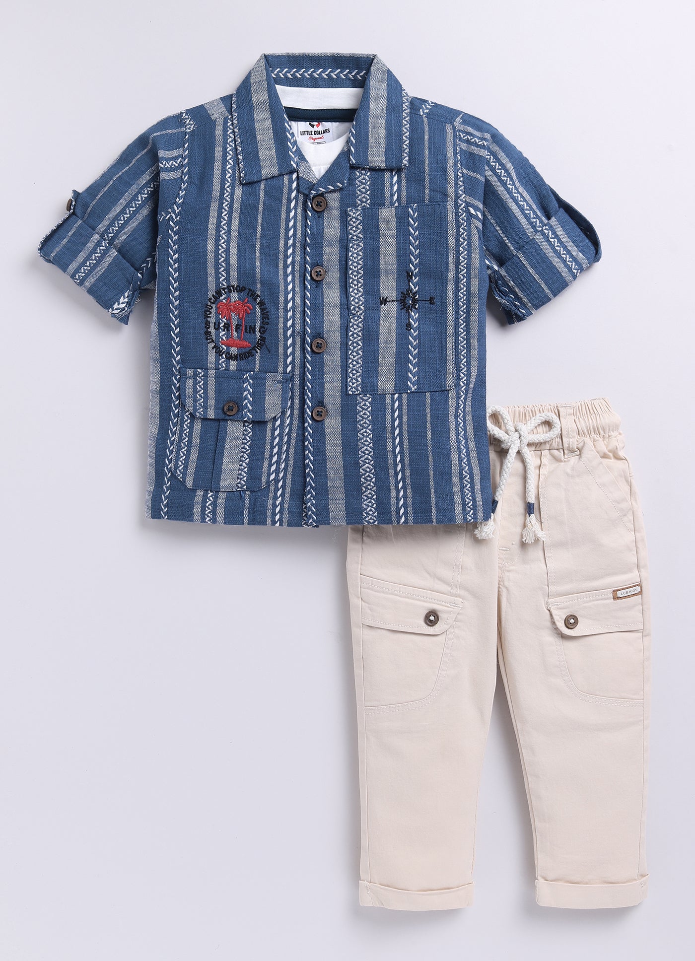 Cotton Woven Full Sleeves Stripes Shacket with Embroidery Printed T-shirt and Pants Casual Set-Blue