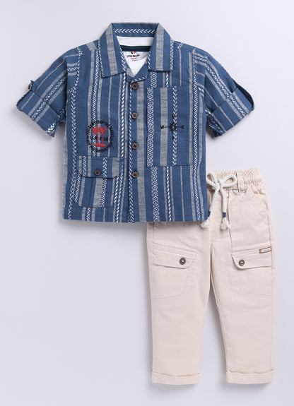Cotton Woven Full Sleeves Stripes Shacket with Embroidery Printed T-shirt and Pants Casual Set-Blue