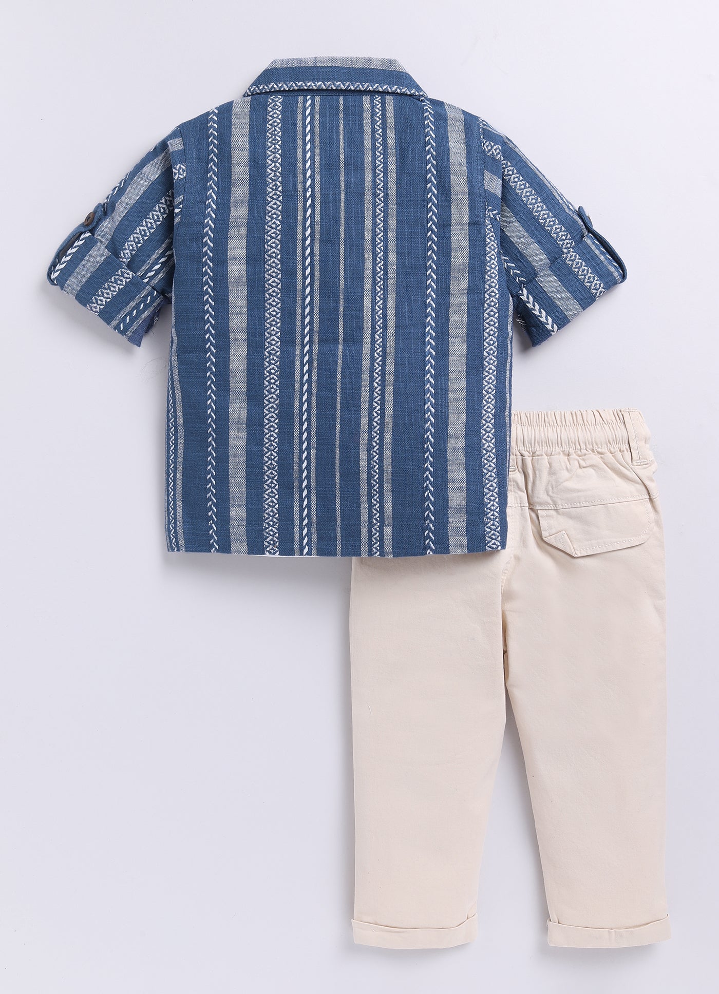 Cotton Woven Full Sleeves Stripes Shacket with Embroidery Printed T-shirt and Pants Casual Set-Blue