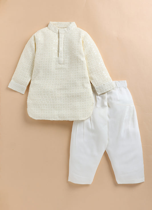 Silk Blended Woven Full Sleeves Pack of 2 Solid Embroidered Kurta Patiala Ethnic Set- Off White