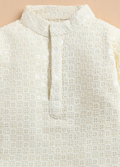 Silk Blended Woven Full Sleeves Pack of 2 Solid Embroidered Kurta Patiala Ethnic Set- Off White