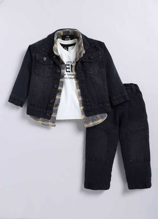 Cotton Denim Woven Full sleeved Washed Jacket with Brushed Checkered Shirt Tshirt and Trousers - Mustard