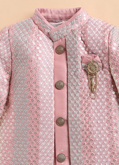 Blended Silk Full Sleeves Woven Sequins Embellished  & Abstract Embroidered Achkan With Pyjama and Brooch Ethnic Set - Peach