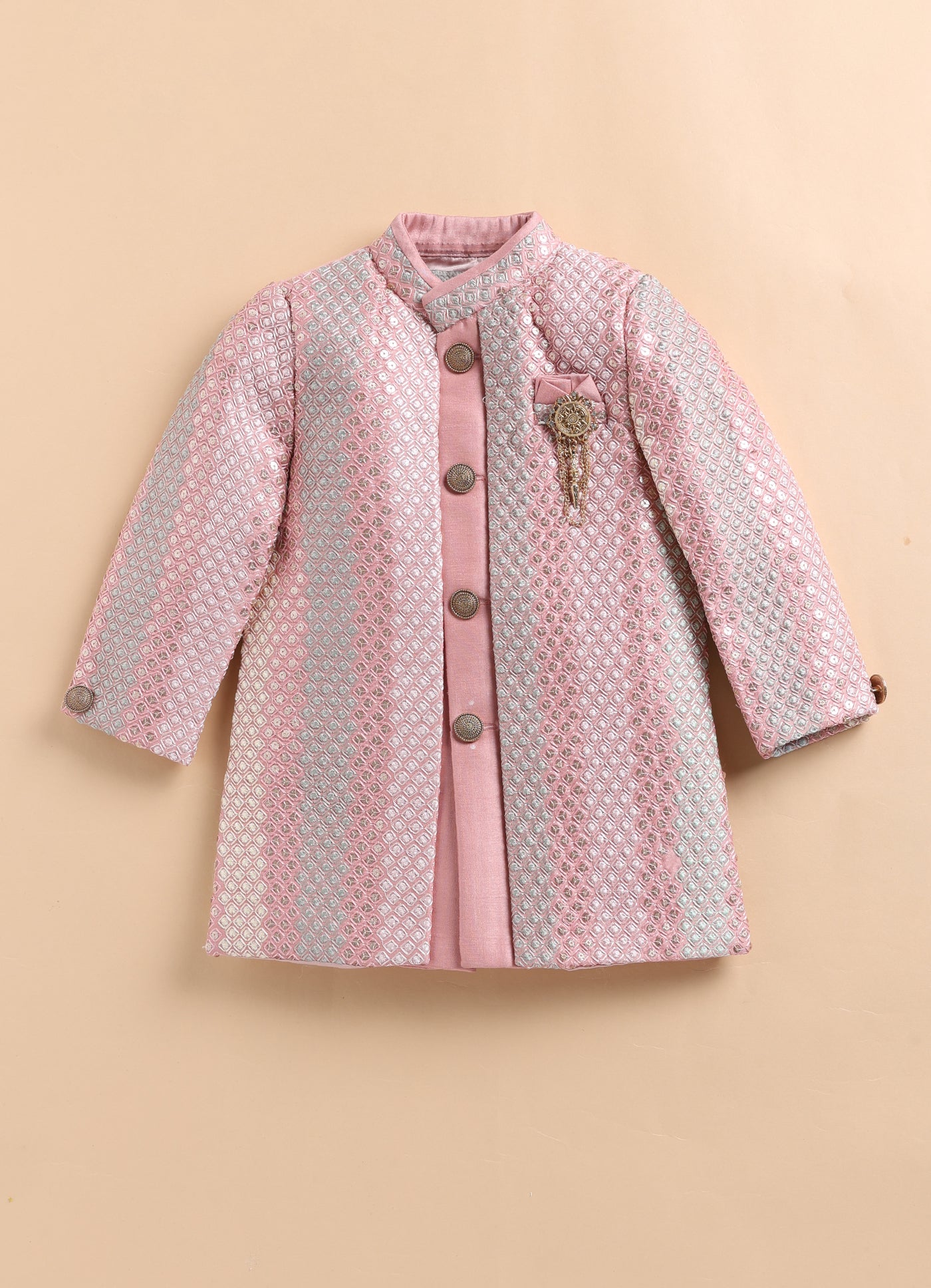 Blended Silk Full Sleeves Woven Sequins Embellished  & Abstract Embroidered Achkan With Pyjama and Brooch Ethnic Set - Peach