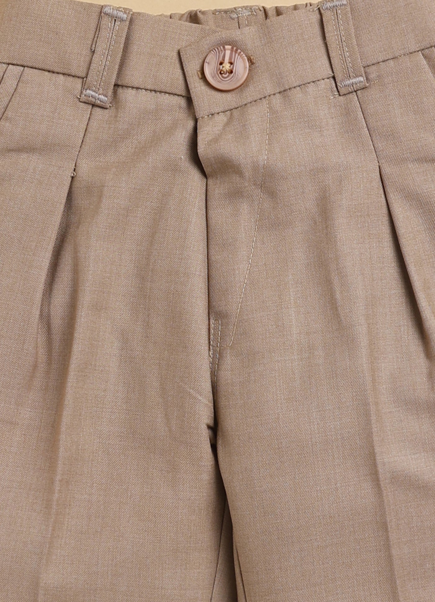 Blended Woven Full Sleeves Solid Candy Toffee Ice-cream Theme Hand Embroidered Motifs in Suspender with Shirt and Pant Bow Formal Shirt Pant Suspender Set- Beige