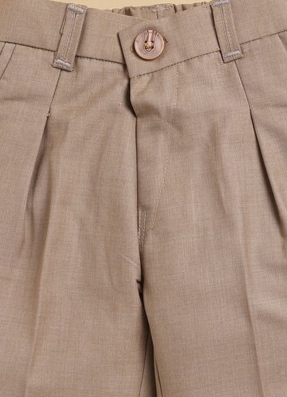 Blended Woven Full Sleeves Solid Candy Toffee Ice-cream Theme Hand Embroidered Motifs in Suspender with Shirt and Pant Bow Formal Shirt Pant Suspender Set- Beige