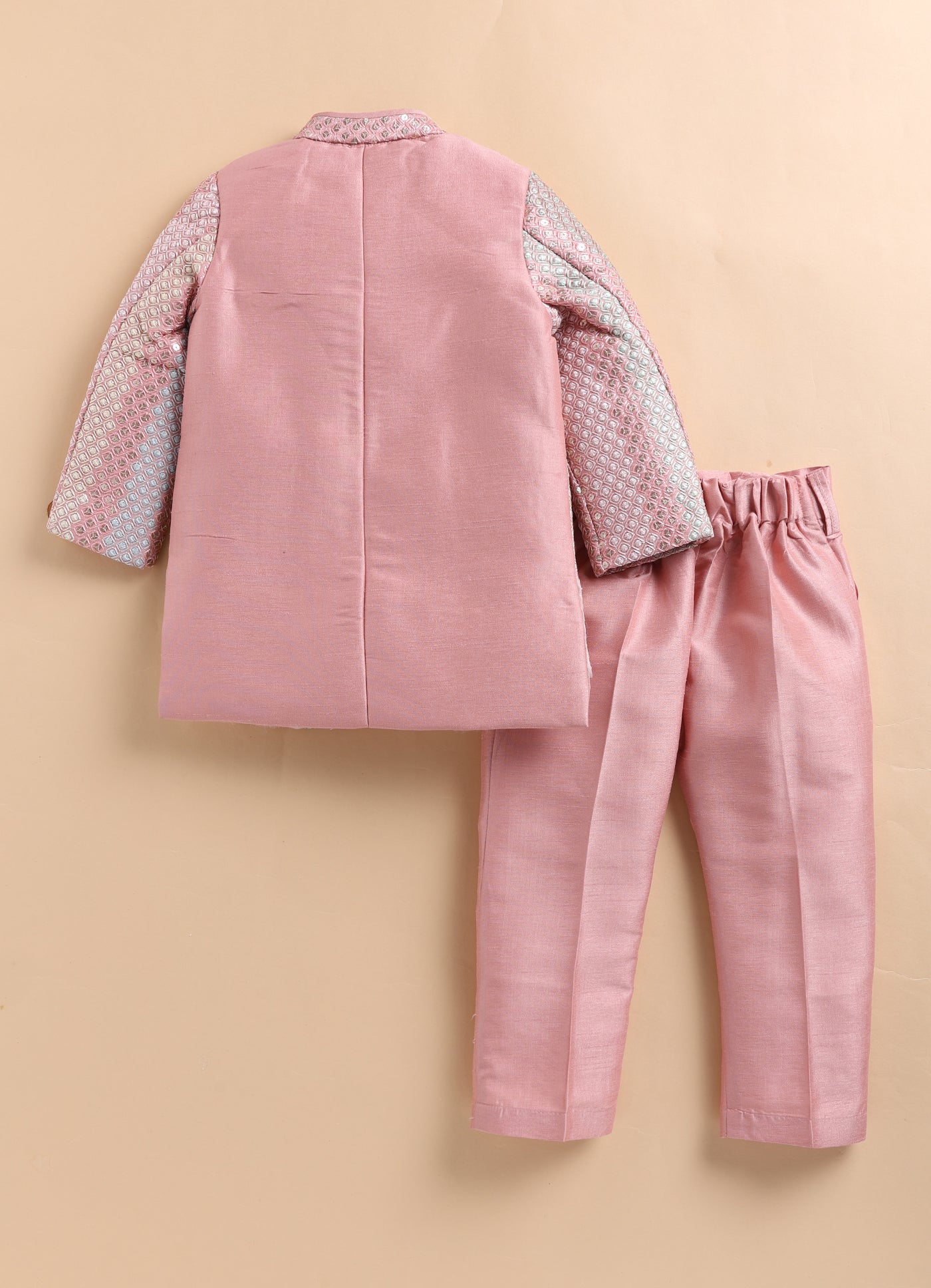 Blended Silk Full Sleeves Woven Sequins Embellished  & Abstract Embroidered Achkan With Pyjama and Brooch Ethnic Set - Peach
