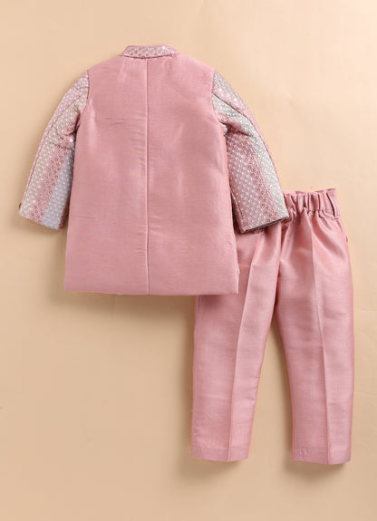 Blended Silk Full Sleeves Woven Sequins Embellished  & Abstract Embroidered Achkan With Pyjama and Brooch Ethnic Set - Peach