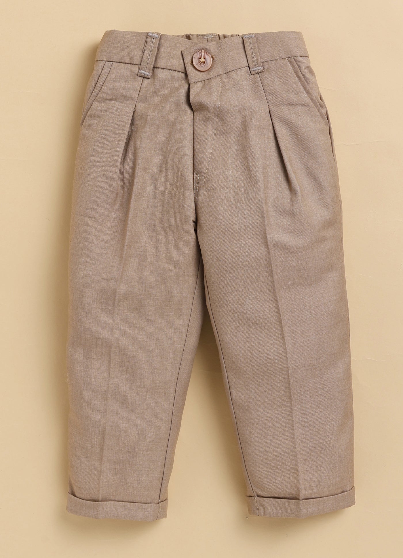 Blended Woven Full Sleeves Solid Candy Toffee Ice-cream Theme Hand Embroidered Motifs in Suspender with Shirt and Pant Bow Formal Shirt Pant Suspender Set- Beige