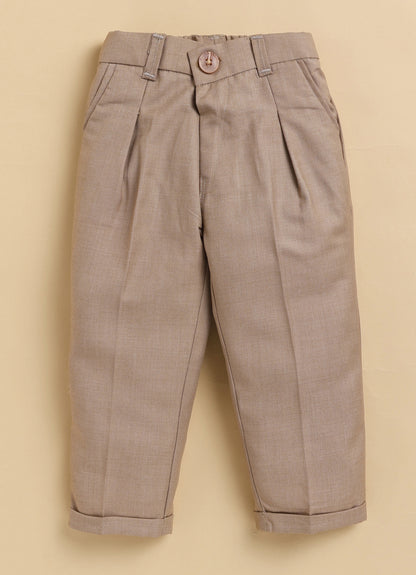 Blended Woven Full Sleeves Solid Candy Toffee Ice-cream Theme Hand Embroidered Motifs in Suspender with Shirt and Pant Bow Formal Shirt Pant Suspender Set- Beige