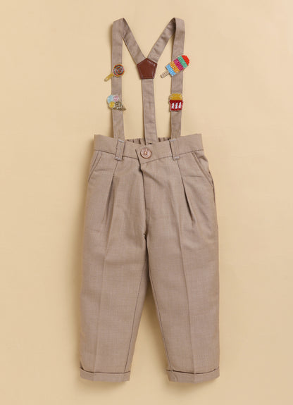 Blended Woven Full Sleeves Solid Candy Toffee Ice-cream Theme Hand Embroidered Motifs in Suspender with Shirt and Pant Bow Formal Shirt Pant Suspender Set- Beige