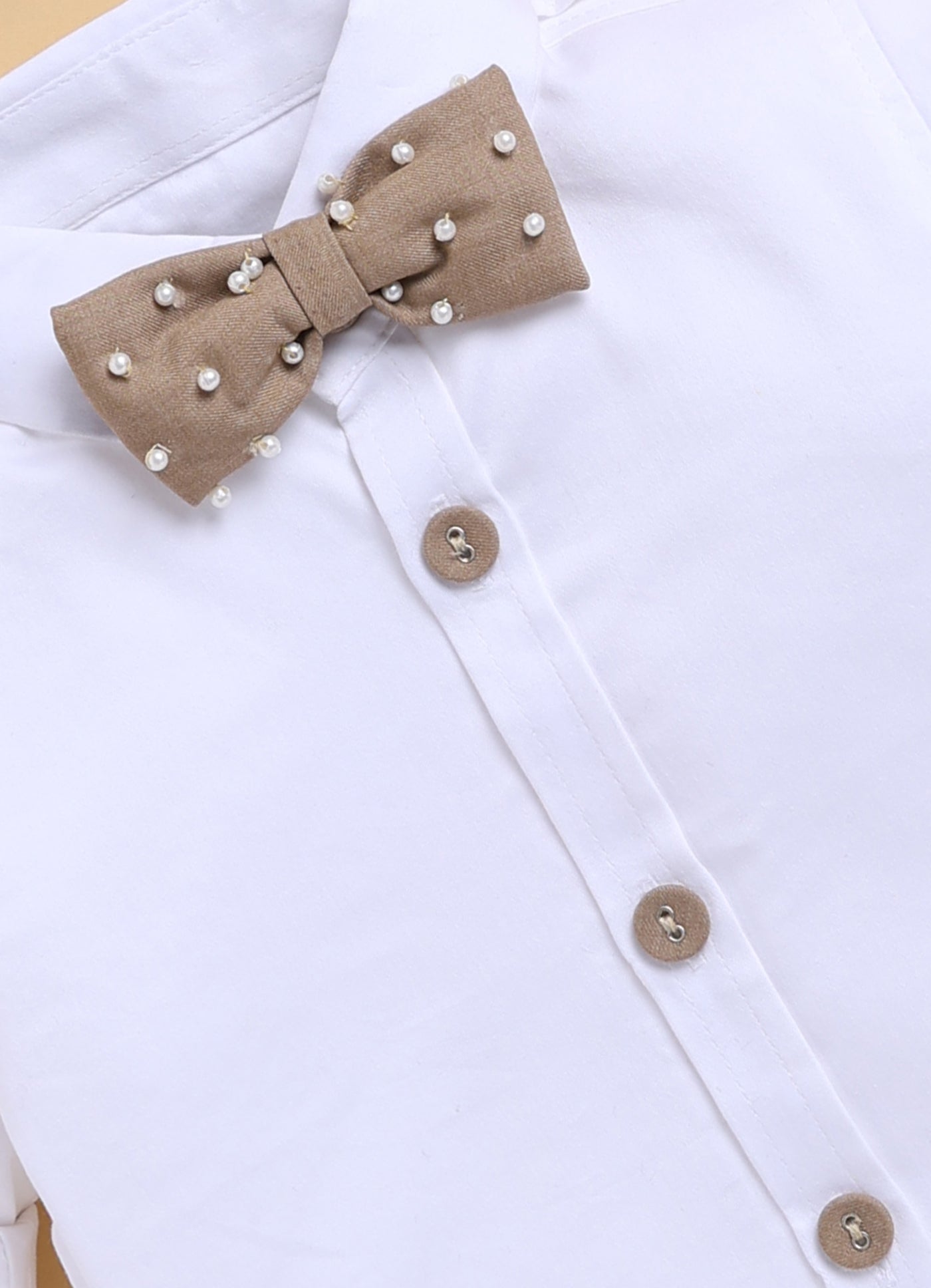 Blended Woven Full Sleeves Solid Candy Toffee Ice-cream Theme Hand Embroidered Motifs in Suspender with Shirt and Pant Bow Formal Shirt Pant Suspender Set- Beige