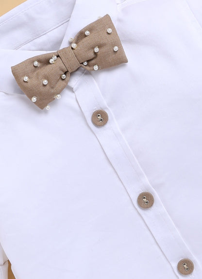 Blended Woven Full Sleeves Solid Candy Toffee Ice-cream Theme Hand Embroidered Motifs in Suspender with Shirt and Pant Bow Formal Shirt Pant Suspender Set- Beige