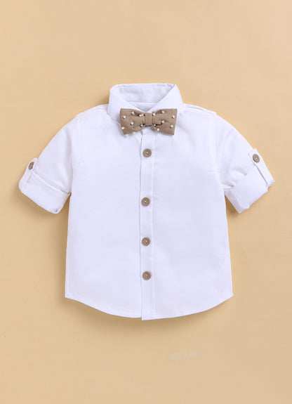 Blended Woven Full Sleeves Solid Candy Toffee Ice-cream Theme Hand Embroidered Motifs in Suspender with Shirt and Pant Bow Formal Shirt Pant Suspender Set- Beige