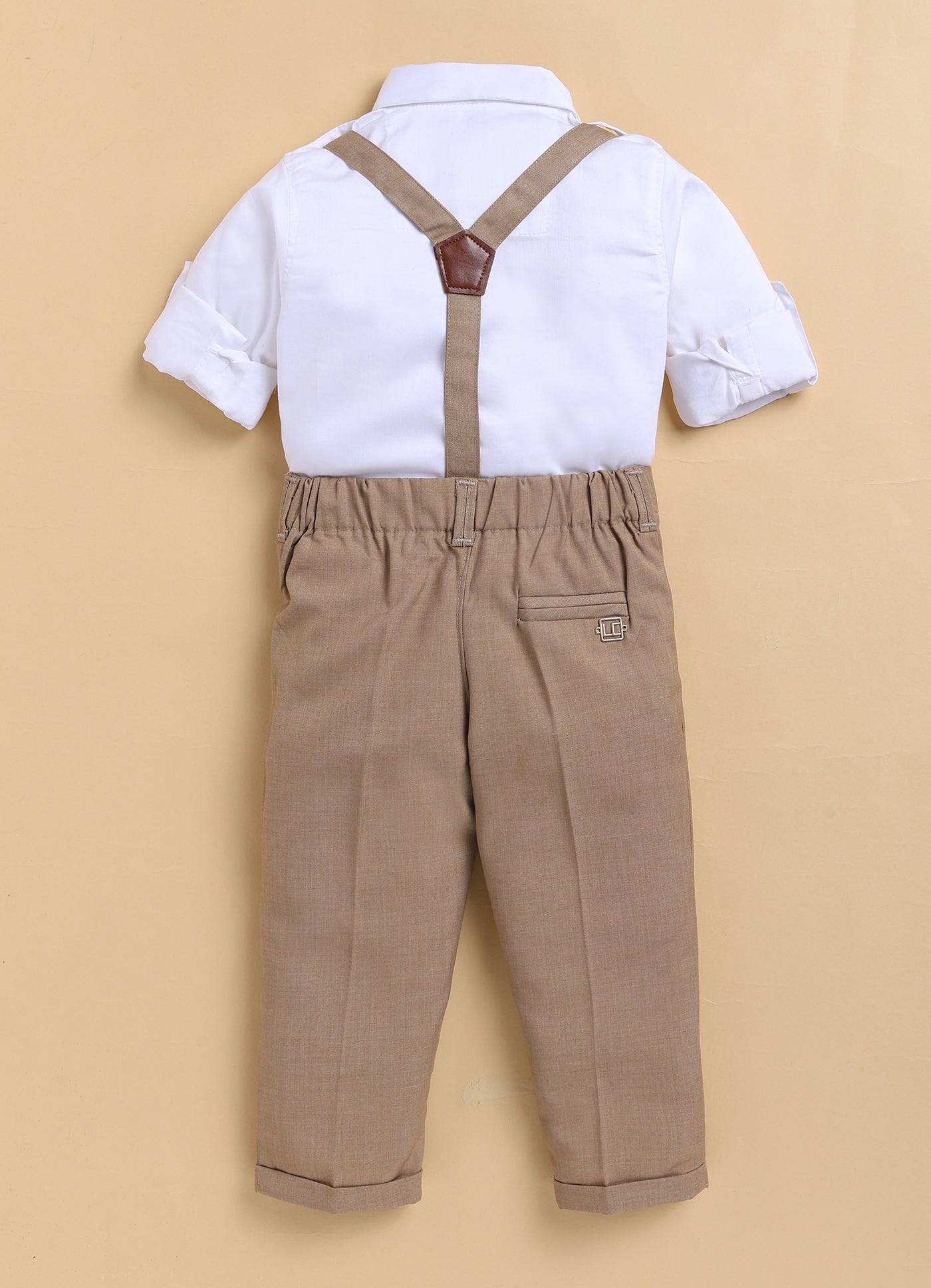 Blended Woven Full Sleeves Solid Candy Toffee Ice-cream Theme Hand Embroidered Motifs in Suspender with Shirt and Pant Bow Formal Shirt Pant Suspender Set- Beige