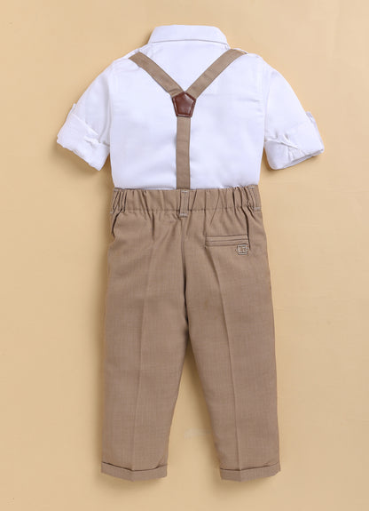 Blended Woven Full Sleeves Solid Candy Toffee Ice-cream Theme Hand Embroidered Motifs in Suspender with Shirt and Pant Bow Formal Shirt Pant Suspender Set- Beige