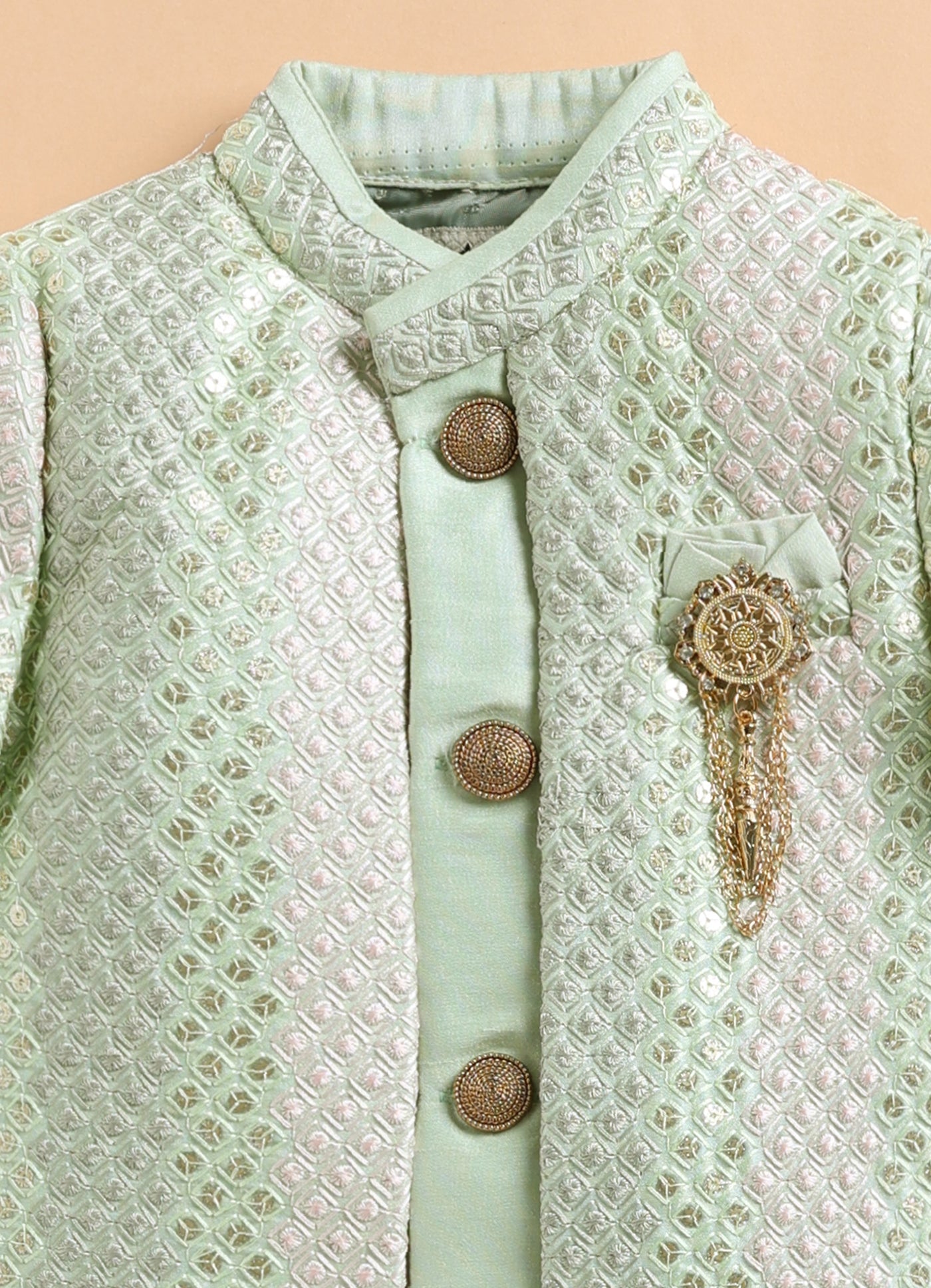 Blended Silk Full Sleeves Woven Sequins Embellished  & Abstract Embroidered Achkan With Pyjama and Brooch Ethnic Set - Green