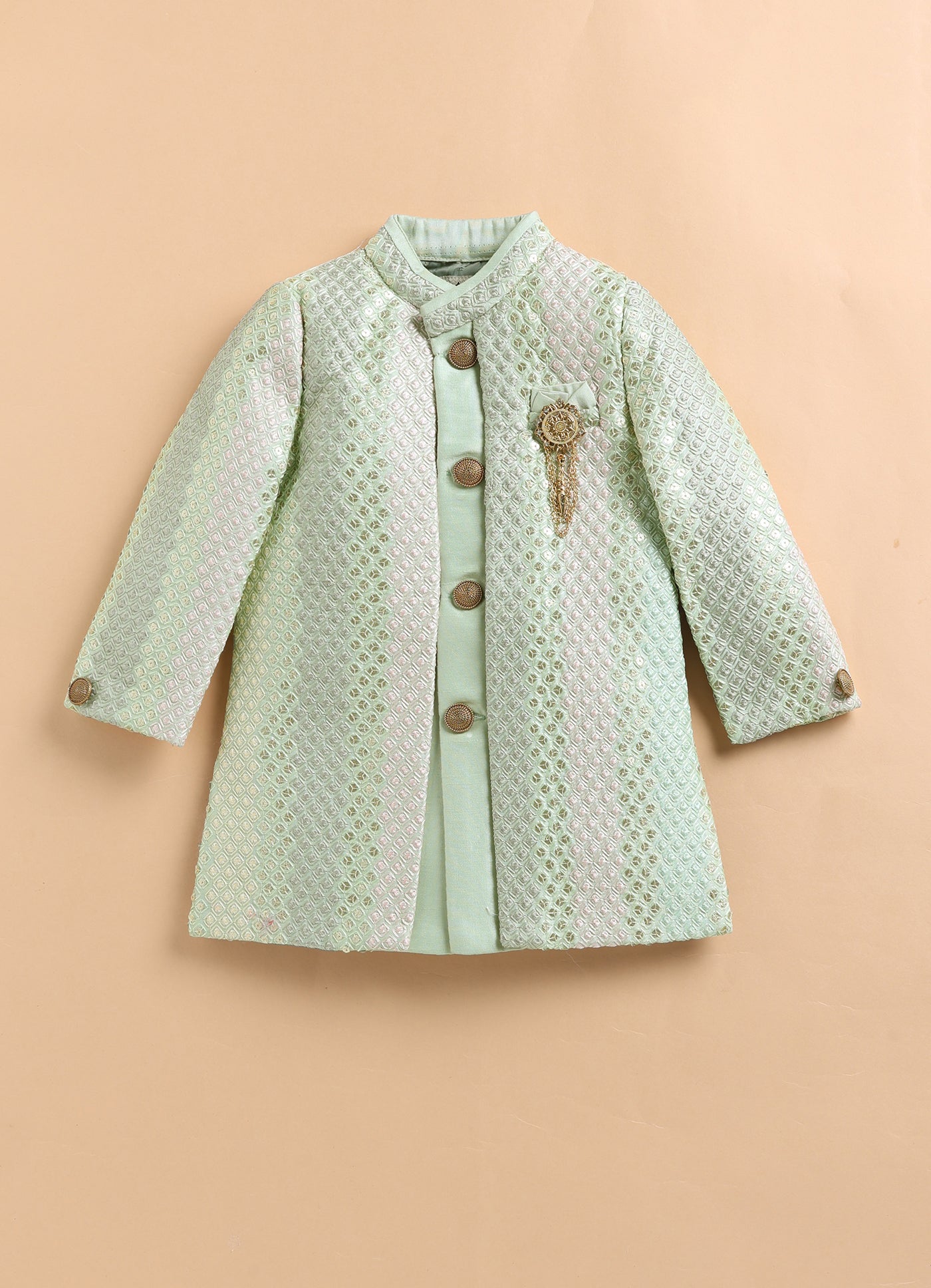 Blended Silk Full Sleeves Woven Sequins Embellished  & Abstract Embroidered Achkan With Pyjama and Brooch Ethnic Set - Green