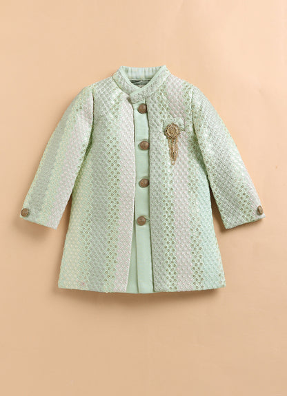 Blended Silk Full Sleeves Woven Sequins Embellished  & Abstract Embroidered Achkan With Pyjama and Brooch Ethnic Set - Green