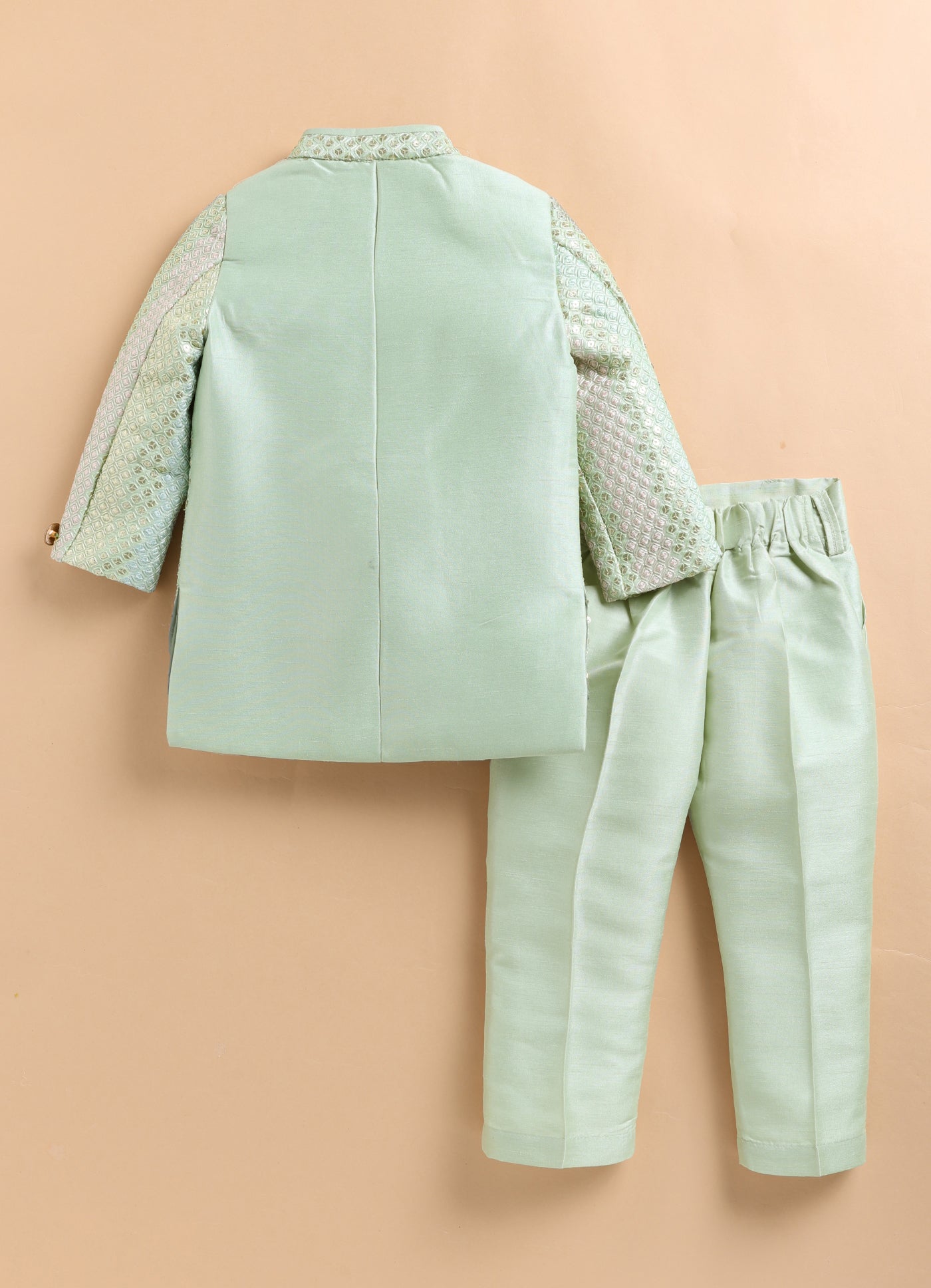 Blended Silk Full Sleeves Woven Sequins Embellished  & Abstract Embroidered Achkan With Pyjama and Brooch Ethnic Set - Green