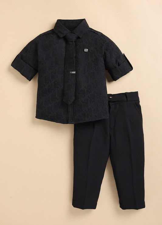 Poly Nylon Woven Full Sleeves Jacqaurd Shirt Pant with Tie and Tie Pin Set- Black