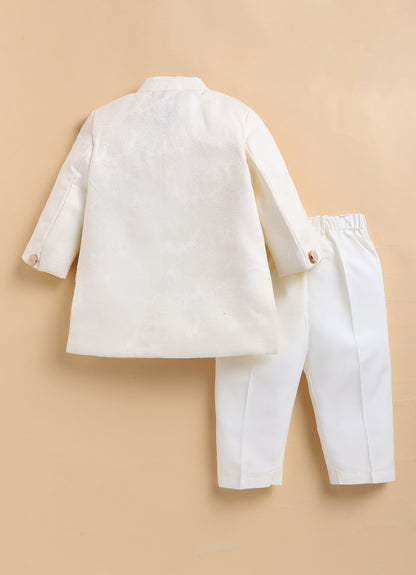 Boys Floral Jacquard Achkan, Trouser Partywear set - Cream
