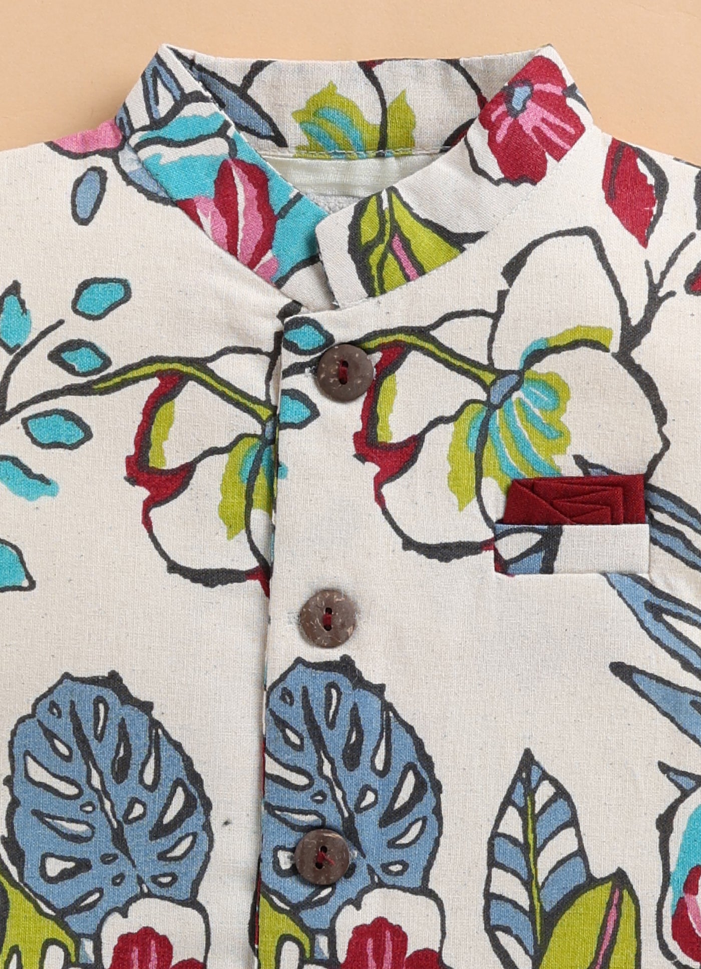 Pure Cotton Woven Full Sleeves Kurta Pajama with Multi Colour Floral Nehru Jacket Ethnic Set- Maroon