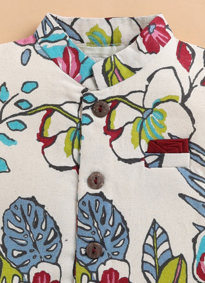 Pure Cotton Woven Full Sleeves Kurta Pajama with Multi Colour Floral Nehru Jacket Ethnic Set- Maroon