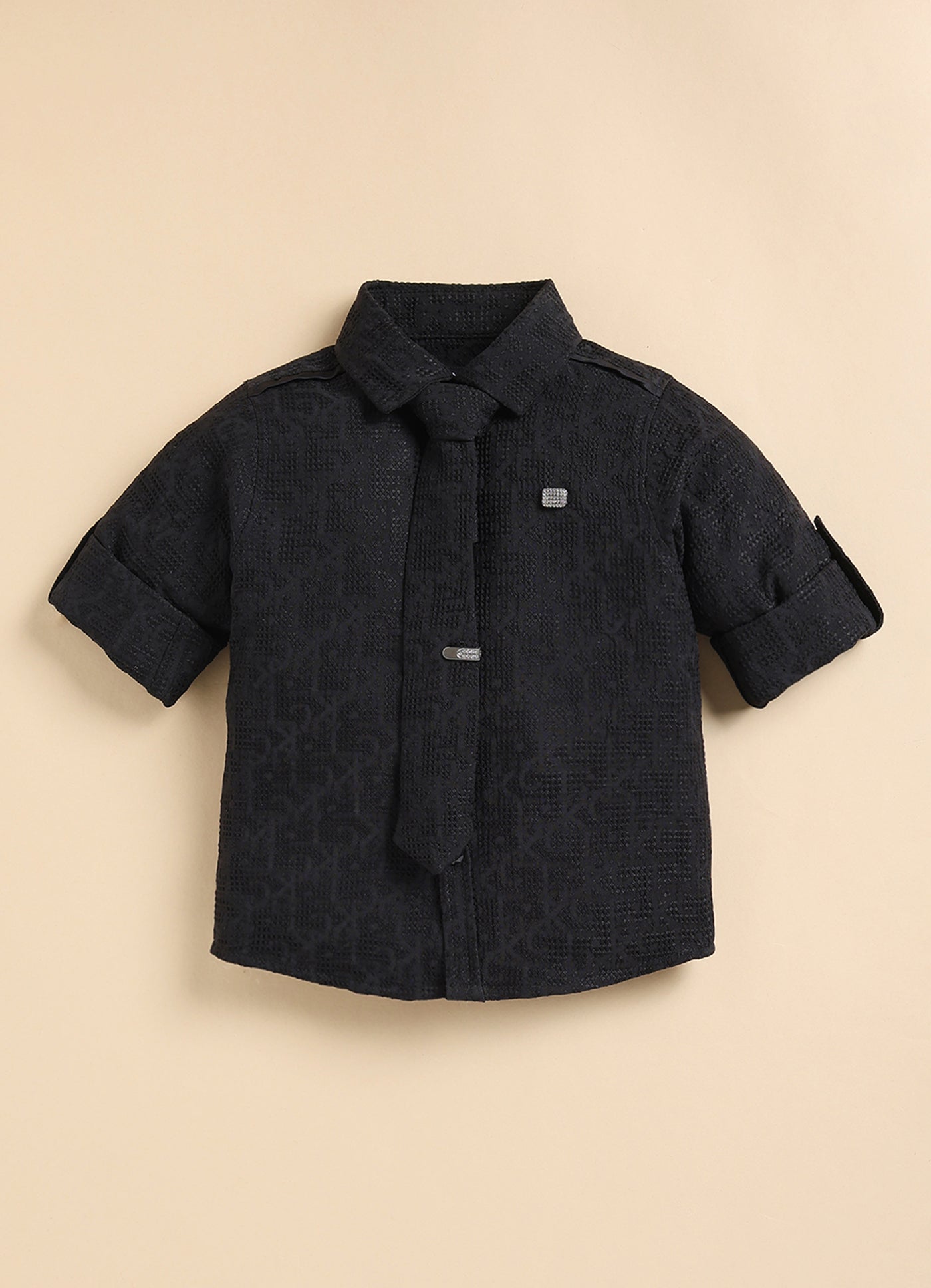 Poly Nylon Woven Full Sleeves Jacqaurd Shirt Pant with Tie and Tie Pin Set- Black