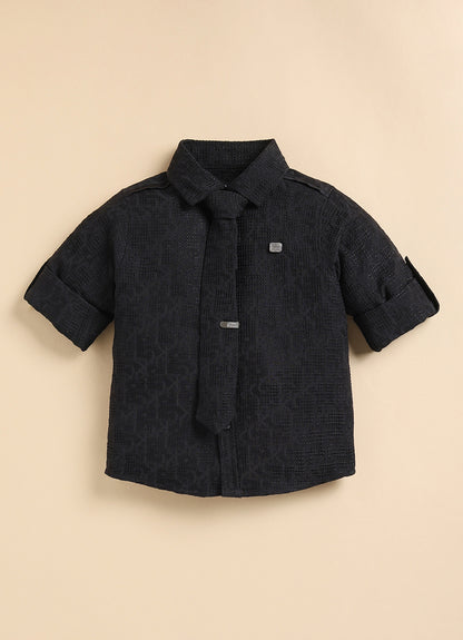 Poly Nylon Woven Full Sleeves Jacqaurd Shirt Pant with Tie and Tie Pin Set- Black
