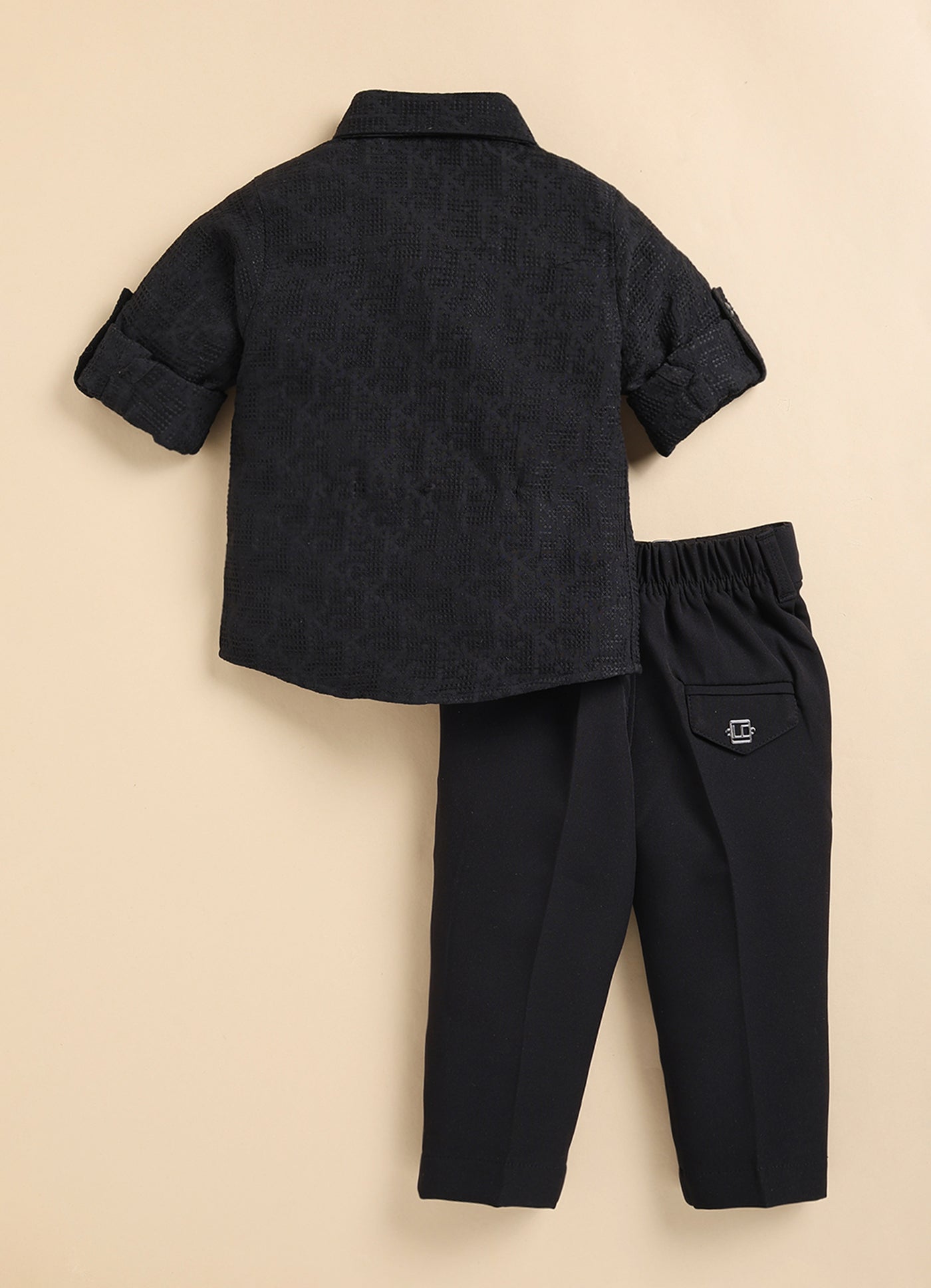 Poly Nylon Woven Full Sleeves Jacqaurd Shirt Pant with Tie and Tie Pin Set- Black