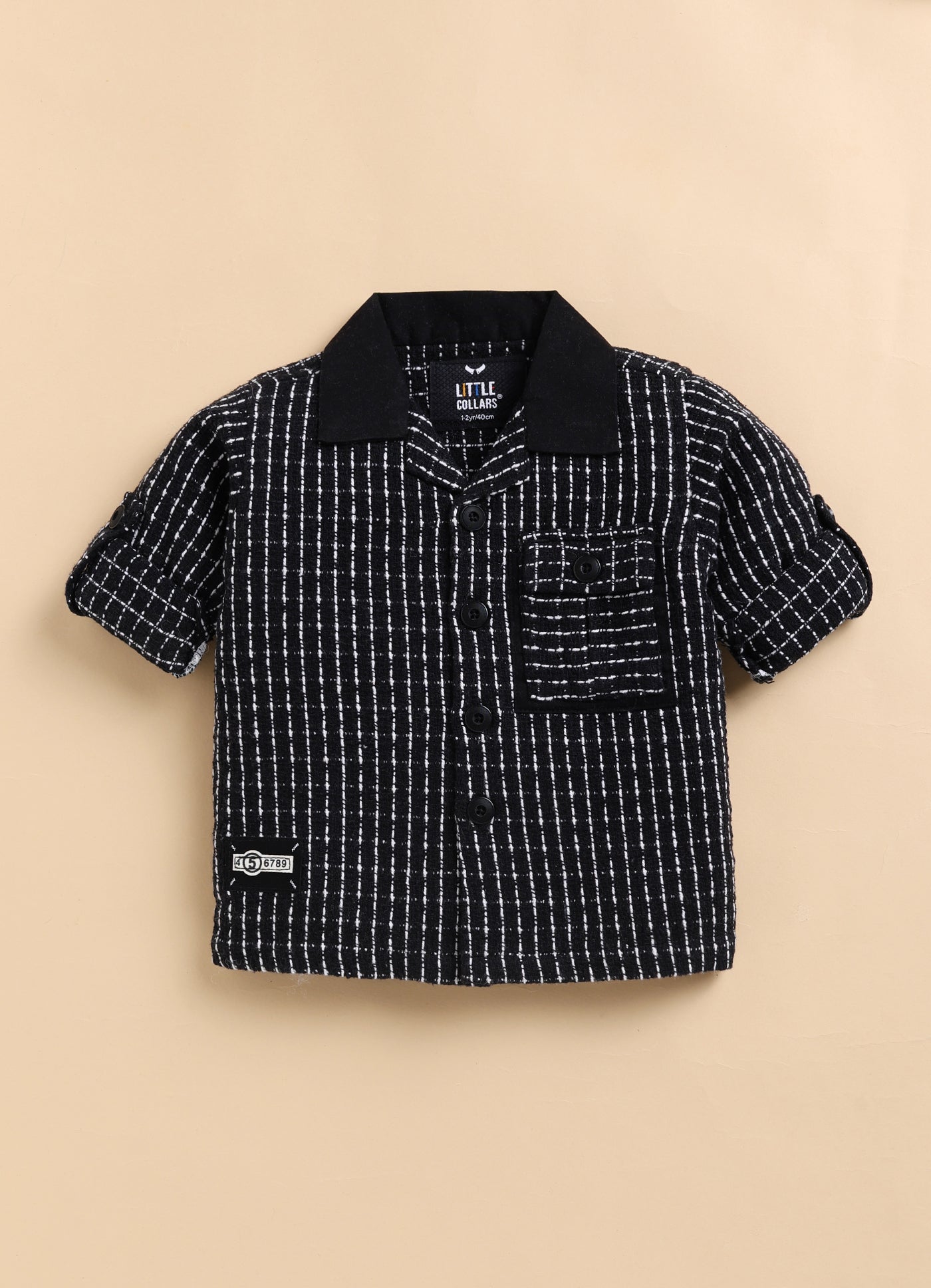 Boys Organic Woven Checkered Cotton Shacket Shirt, T- shirt, Pant Casual Set- Black